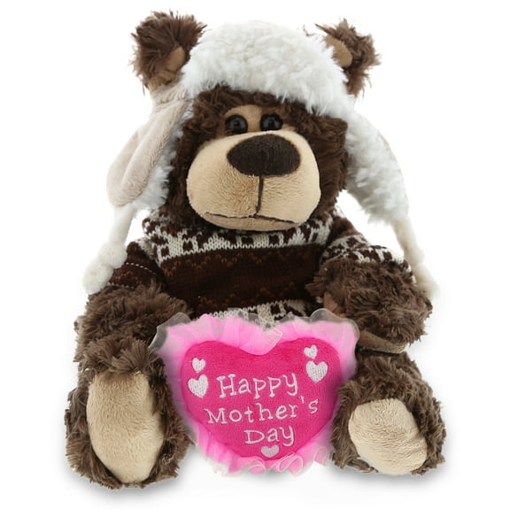 DolliBu Happy Mother's Day Super Soft Plush Grizzly Bear With Clothes - Cute Stuffed Animal with Pink Heart Message for Best Mommy, Grandma, Wife, Daughter - Cute Wild Life Plush Toy Gift - 9" Inches