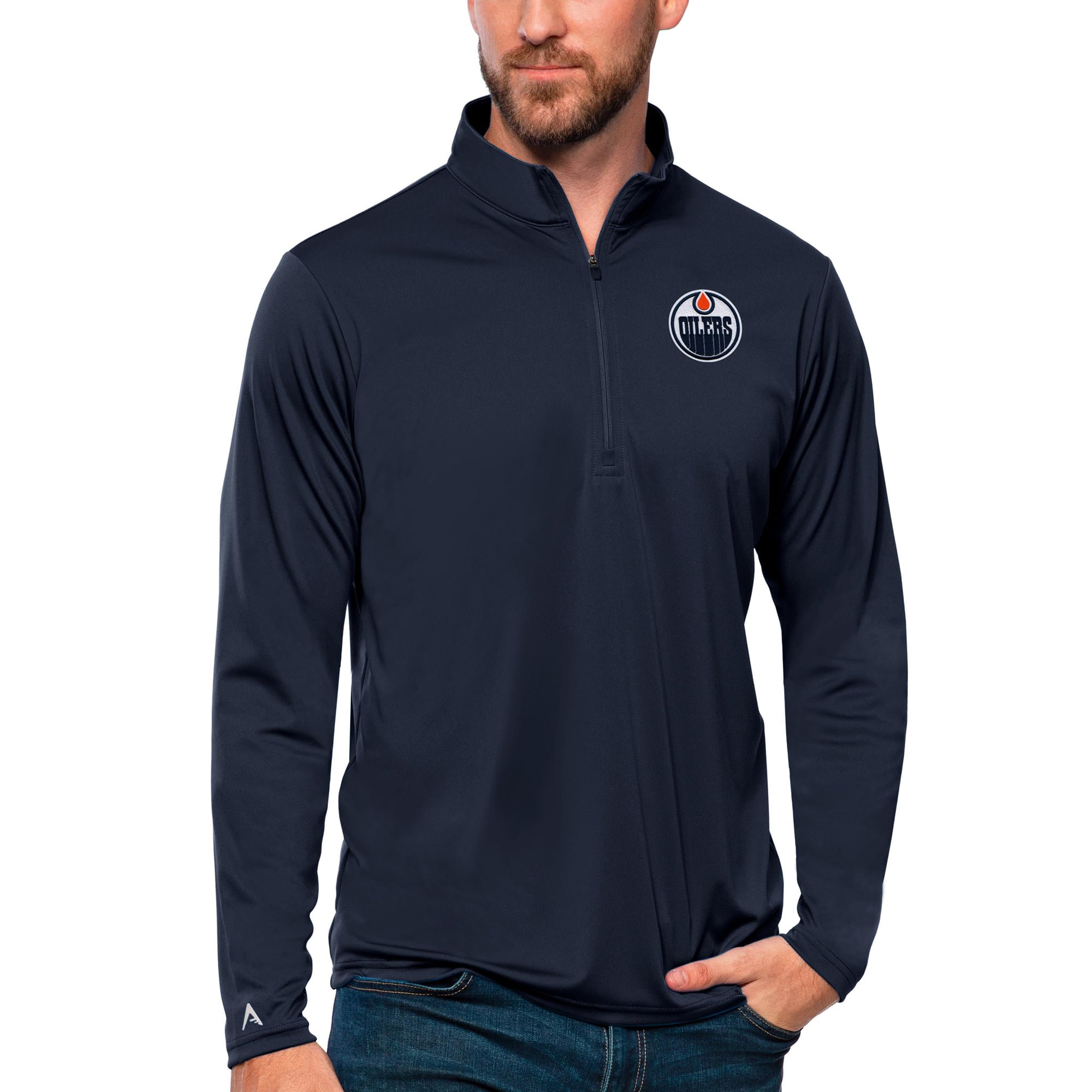 Men's Antigua Navy Edmonton Oilers Tribute Quarter-Zip Pullover Top