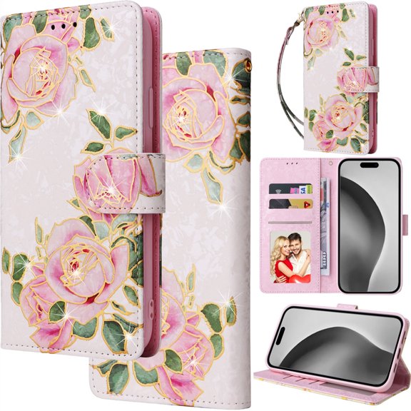 for Samsung Galaxy S24Ultra Leather Phone Case Wallet Gilding Bronzing Rose Flower Butterfly Folio Flip Cover Kickstand, RFID Blocking Card Holder Cash Slot, Magnetic Clasp, Wrist Strap