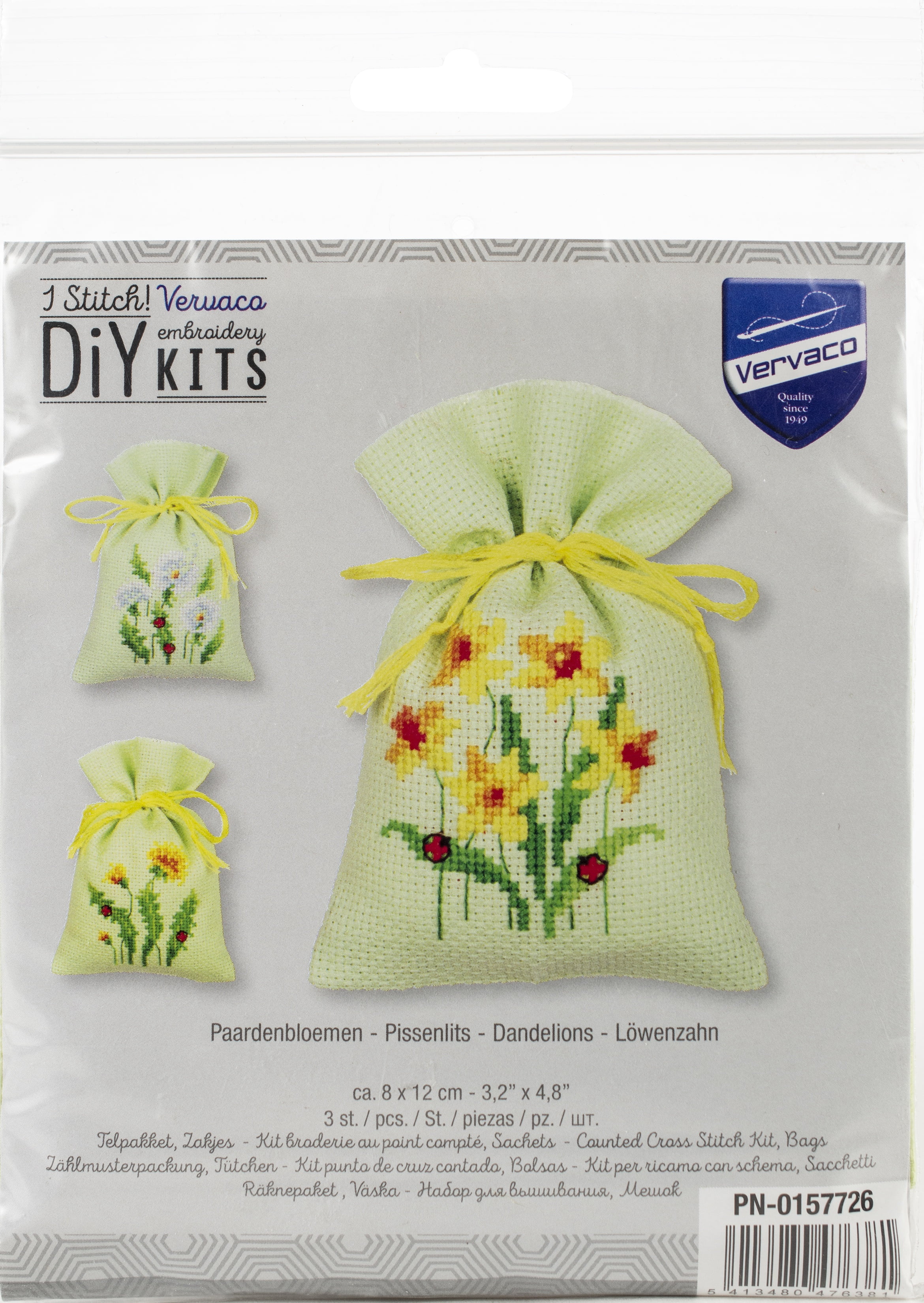 Vervaco Sachet Bags Counted Cross Stitch Kit 3.25"X4.75"Dandelions On Aida (18 Count) 3/Pkg