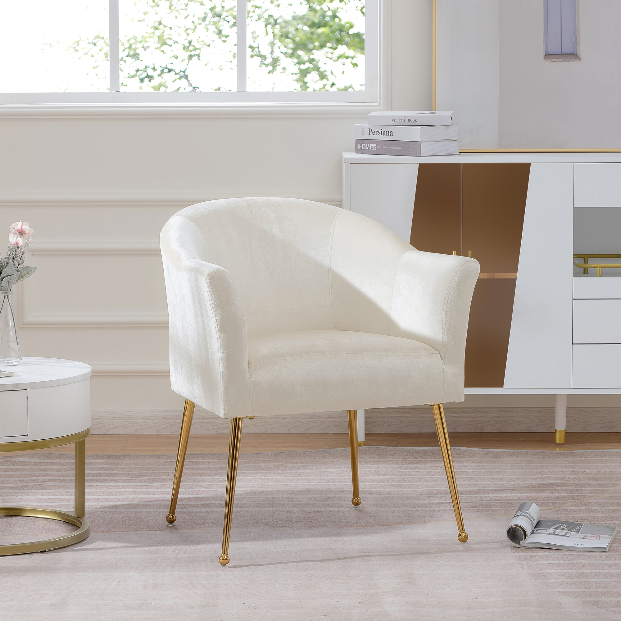 Kadyn Polyester Accent Chair, Modern Armchair with Gold Metal Legs, Single Reading Chair for Living Room, White Kadyn Polyester Accent Chair, Modern Armchair with Gold Metal Legs, Single Reading Chair for Living Room, White
