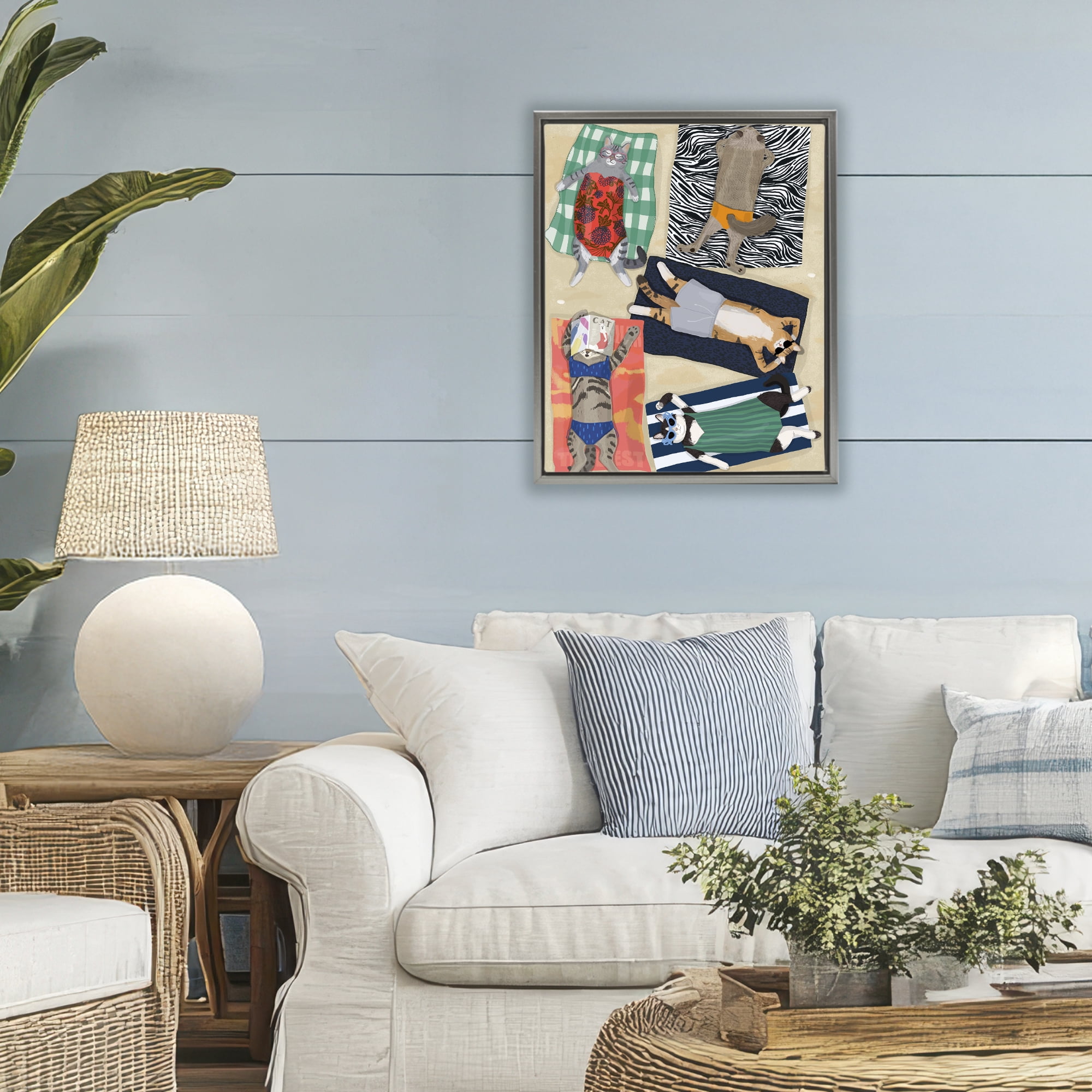 Stupell Industries Summer Sunbathing Cats Gray Framed Floater Canvas Wall Art, design by Hanna Melin