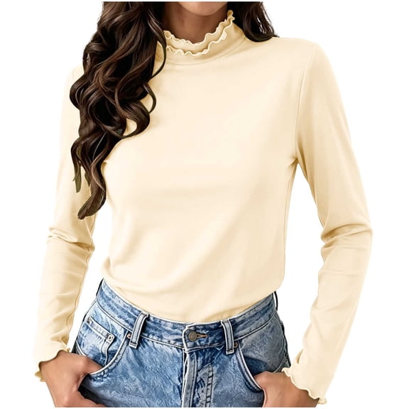 hoksml Women's Ruffle Mock Neck Long Sleeve Top, Slim Fit Stretchy with Lettuce Edge Cuff and Curved Hem, Layering Basic Tee for Daily Wear