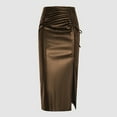 thumbnail image 6 of Maoxin Women Skirt Women's Casual Sexy High Waisted Drawstring Pleated Slit Zippered Leather Skirt Half Skirt ,Coffee,L, 6 of 7