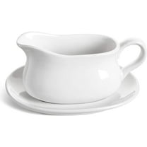 LE TAUCI 17oz Gravy Boat with Saucer Stand, Set of 1, Ceramic Sauce Boat with Tray for Salad Dressings, Creamer, Broth, Black Pepper, White