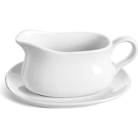 LE TAUCI 17oz Gravy Boat with Saucer Stand, Set of 1, Ceramic Sauce Boat with Tray for Salad Dressings, Creamer, Broth, Black Pepper, White