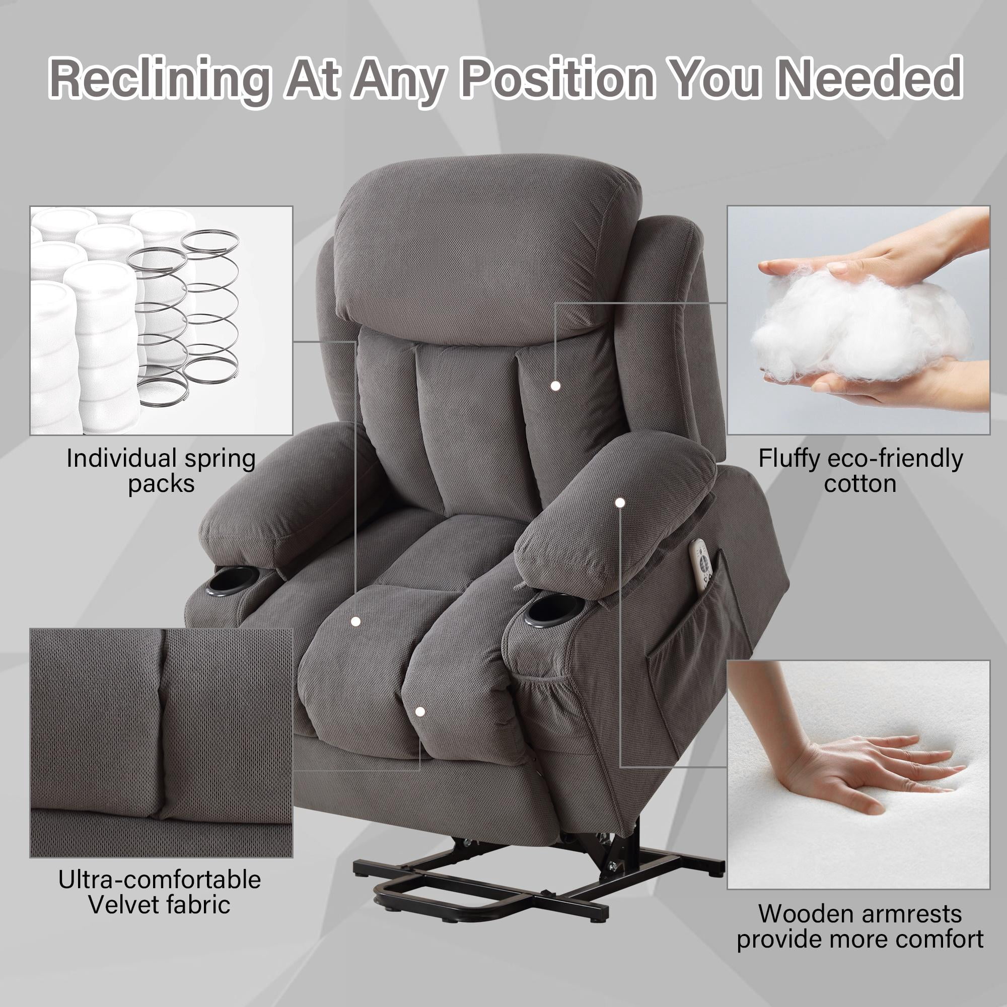 Power Lift Recliner Chairs with Massage and Heat, UHOMEPRO Electric Fabric Recliner Chair for Elderly, Living Room Furniture with USB Charge Port, 2 Cup Holders, and Side Pocket, Gray