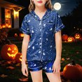 thumbnail image 2 of Cdudpw Halloween Pajamas Toddler Girl Print Halloween Pajama Set Short Sleeve Button Down Shirt Fall 2 Piece Outfits(A017-Dark Blue), 2 of 5