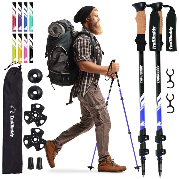 TrailBuddy Bastones de senderismo - Bastones de senderismo ligeros y plegables para equipo de mochilero - Par de 2 bastones para senderismo, aluminio 7075 con agarre de corcho Blue Lake