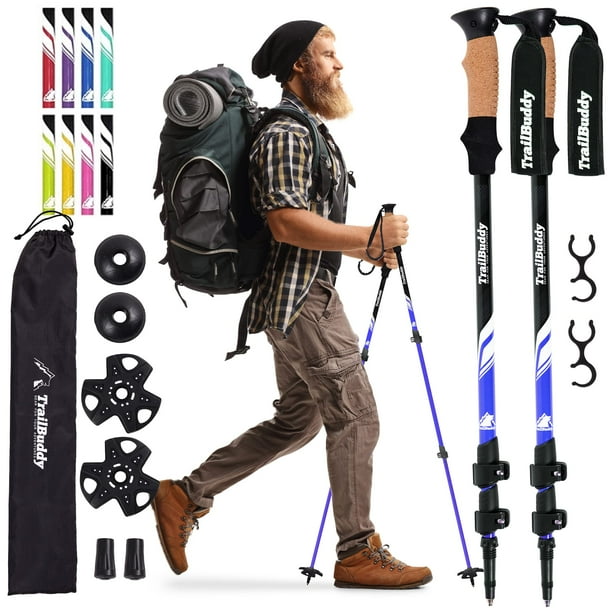 TrailBuddy Bastones de senderismo - Bastones de senderismo ligeros y plegables para equipo de mochilero - Par de 2 bastones para senderismo, aluminio 7075 con agarre de corcho Blue Lake