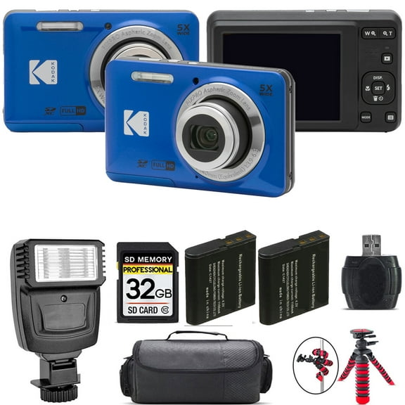 Kodak PIXPRO FZ55 Digital Camera (Blue)   Extra Battery   Flash - 32GB Kit