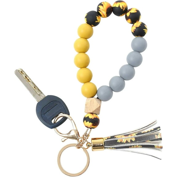 Silicone Key Ring Bracelet Wristlet Keychain Unique Beaded Bangle Key Chains for Women with Leather Tassel Sunflower
