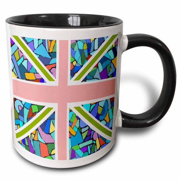 3drose, Blue Mosaic Union Jack English Flag - Great Britain United Kingdom England Patriotic Design, 11oz Two-tone Black Mug