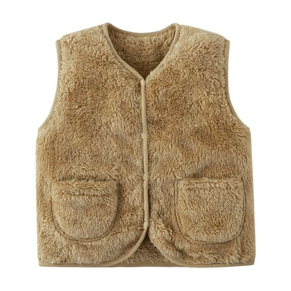 Toddler Fleece Vest Girls Button Down Winter Warm Sherpa Jackets Sleeveless Casual Fall Fuzzy Coat Khaki, 5-6 Years