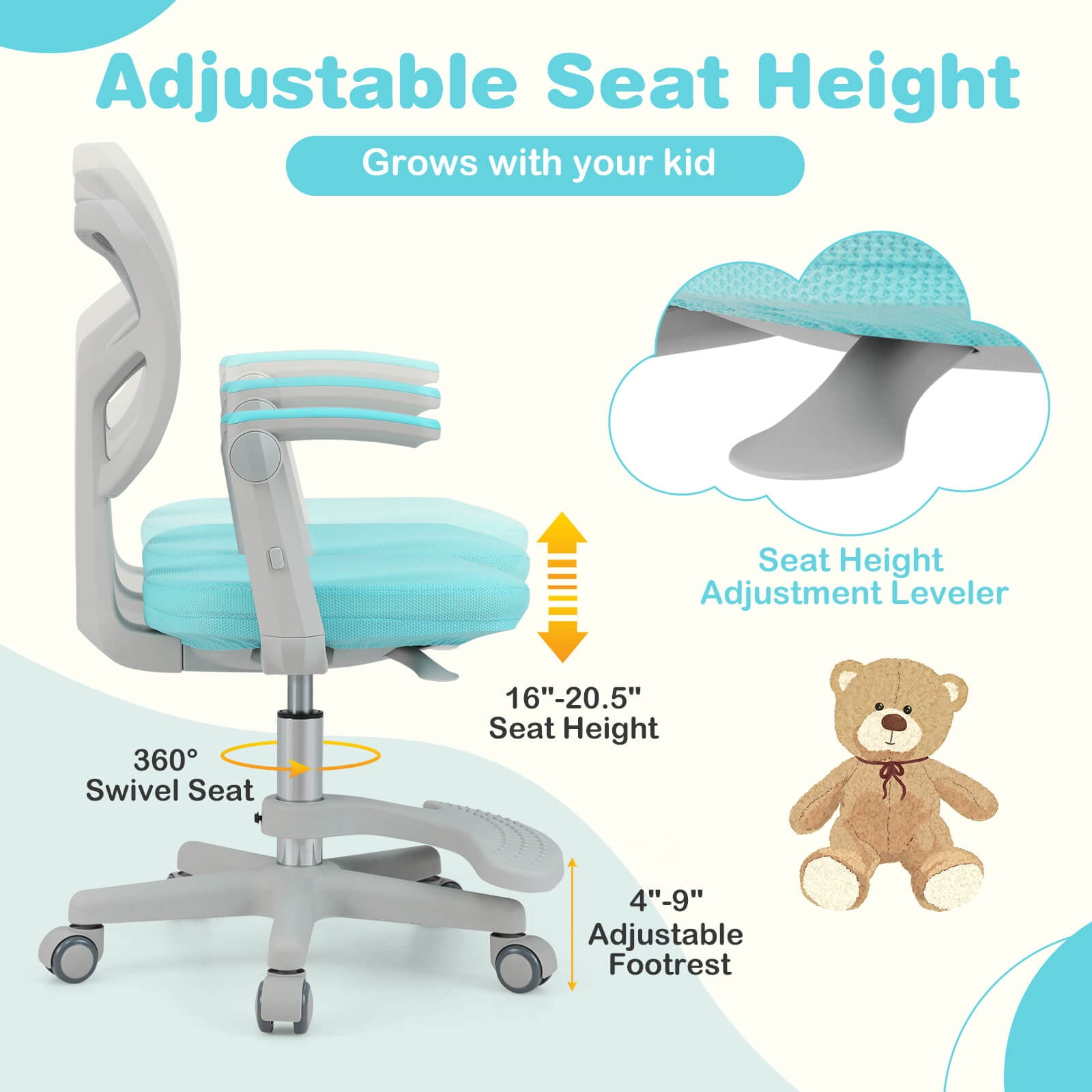 Costway Kids Desk Chair Children Study Chair with Adjustable Height, Armrest & Footrest Green
