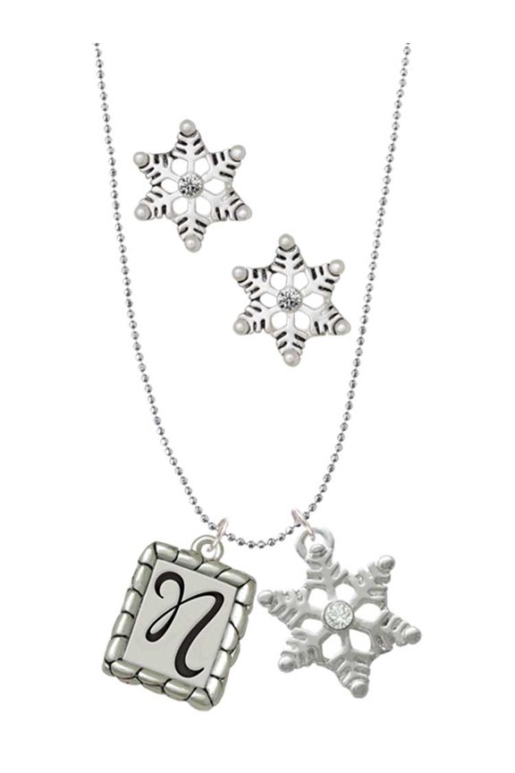 Silvertone Pebble Border Initial - N Silver tone Snowflake Charm Necklace and Stud Earrings