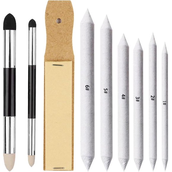 Blending Stump, 9pcs Blending Stumps, Blending Sponge Pens and Sandpaper Pencil Sharpener, Washable & Reusable, Tortillions Paper Art Blenders for Student Artist Charcoal Sketch Drawing