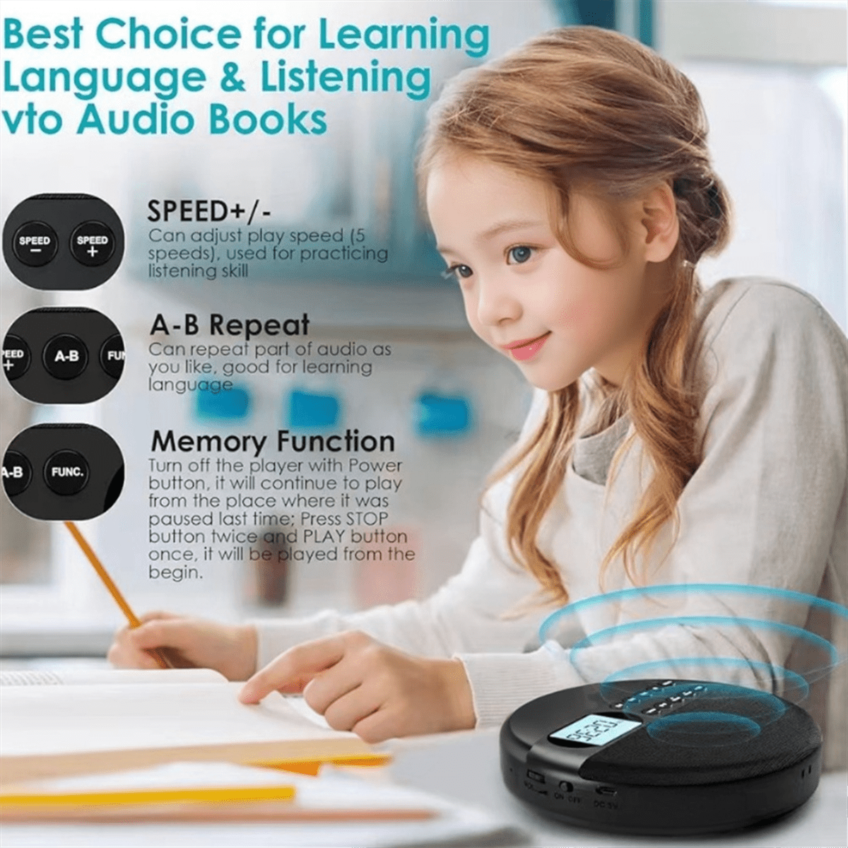 Portable CD Player and MP3 Player with Anti Skip Protection and Dual Stereo Speaker, Adjust Bluetooth Player