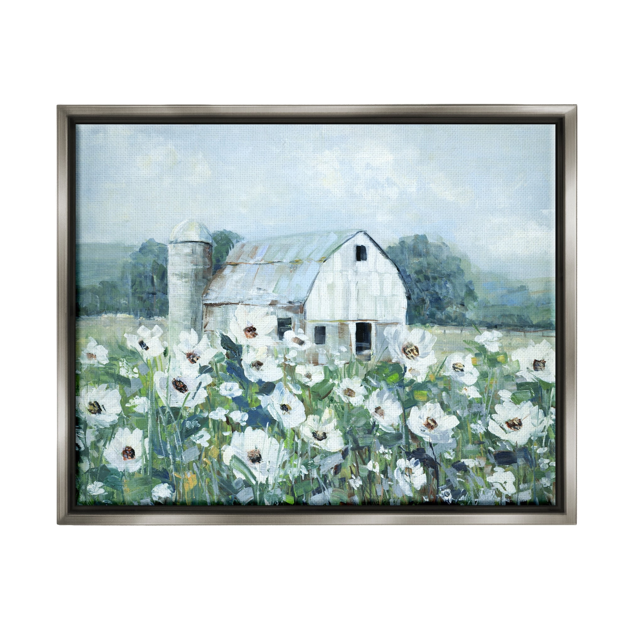 Stupell Industries Rural Anemone Flower Meadow White Farmland Barn Painting Luster Gray Floating Framed Canvas Print Wall Art, Design by Sally Swatland