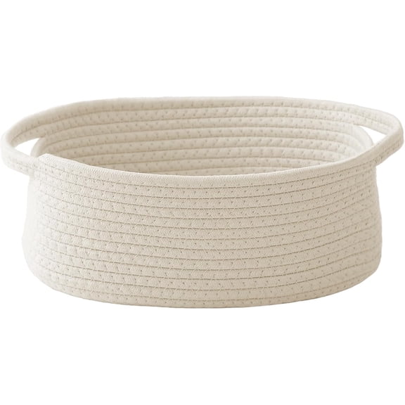 Woven Basket for Storage, Small Rope Bins with Handles, Decorative White Organizer Baskets for Shelves Closets, Gift Basket Empty for Birthday Books