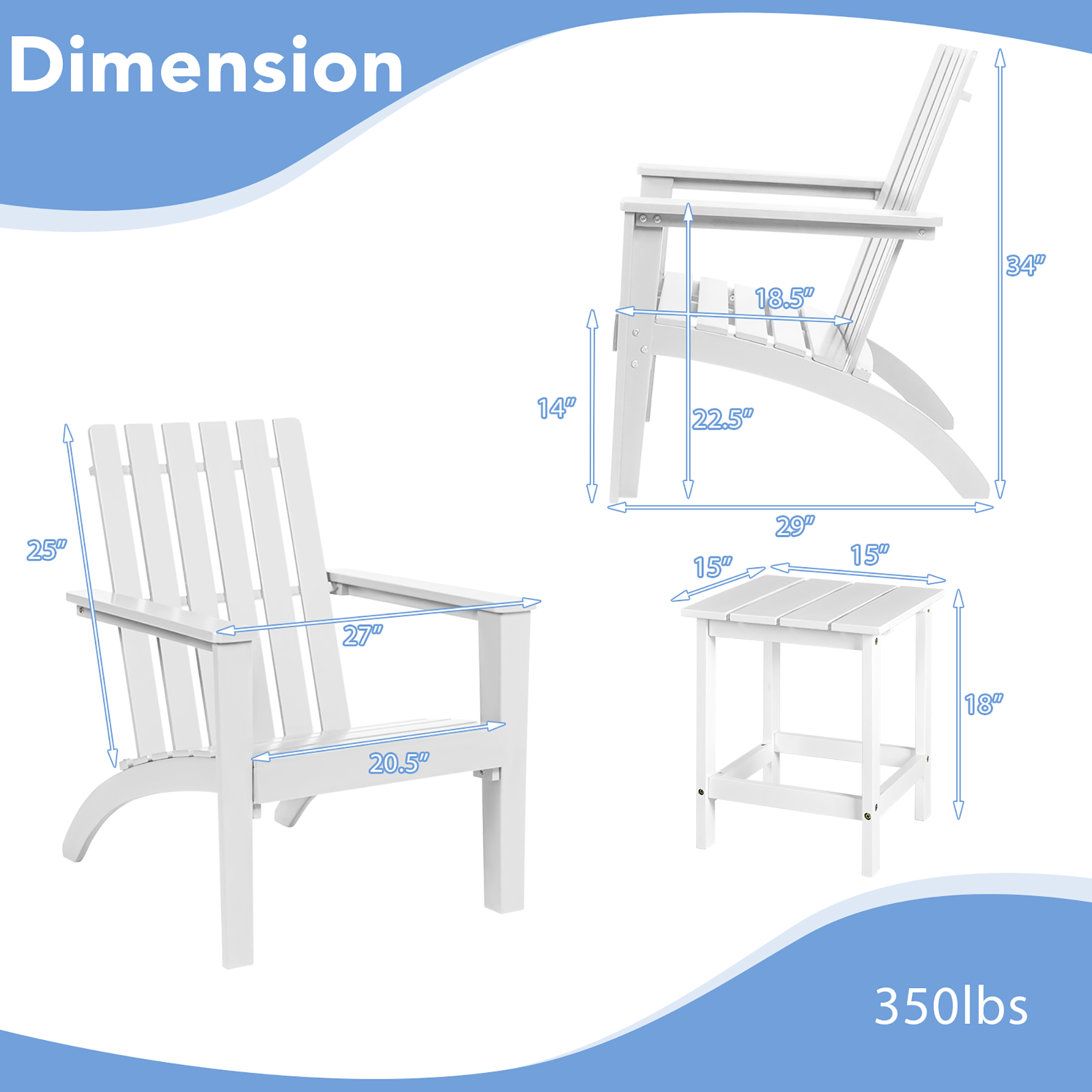 Costway 3PCS Patio Adirondack Chair Side Table Set Solid Wood Garden Deck White - image 4 of 9