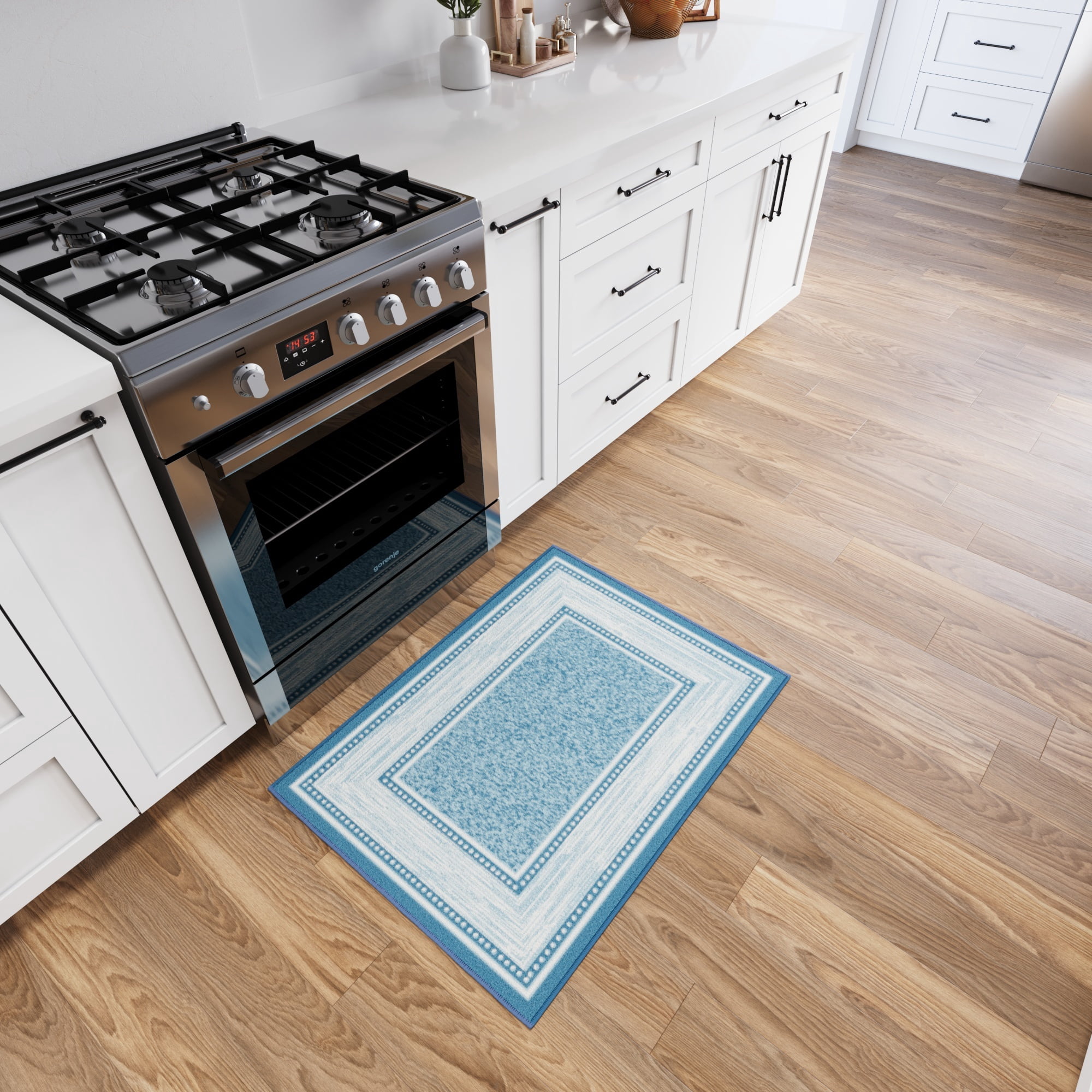 Ottomanson Border Indoor Doormat 2'3" x 3' - Non Slip Low Pile Area Rug for Entryway, Blue