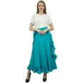 thumbnail image 2 of Phagun Women's Cotton Ruffled Self Belt Solid Magic Wrap Hippie Skirt-Blue, 2 of 6