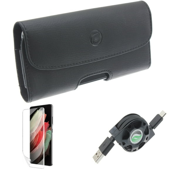 Matte Screen Protector & USB Cable & Case Belt Clip for Samsung Galaxy S22 Plus (S22 ) - Combo TPU Film Anti-Glare & Retractable Type-C Charger & Leather Holster Cover