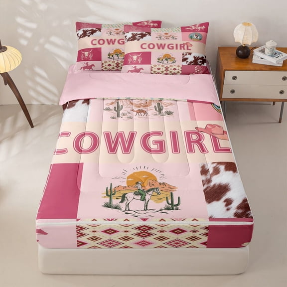 Homewish Western Cowgirl Kids Zipper Twin Comforter Sets with Fitted Sheet and 2 Pillowcases, Pink Patchwork Zipper Bedding Set, Pink Reversible, 4 Pieces