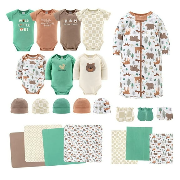 The Peanutshell Newborn Baby Layette Gift Set for Baby Boys, Woodland Animals, 23 Essential Pieces, 0-3 Months