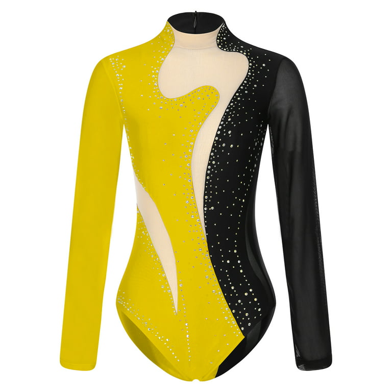 DPOIS Women Ballet Dance Leotard Long Sleeve Gymnastics Bodysuit  Black&Yellow XL