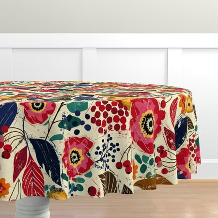 

Cotton Sateen Tablecloth 70 Round - Botanical Wood Flowers Print Floral Block Print Custom Table Linens by Spoonflower