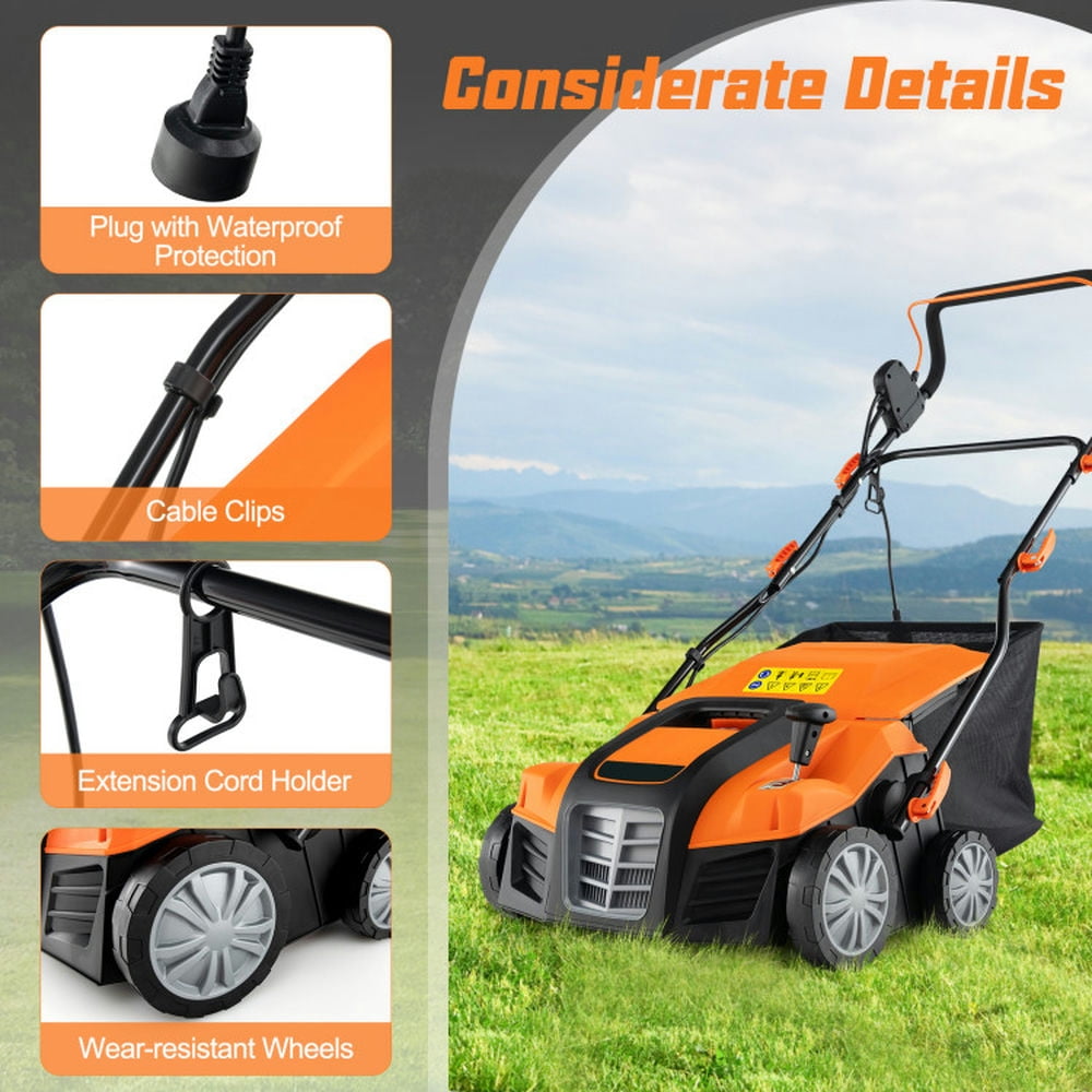 Topcobe 16" Electric Lawn Dethatcher and Scarifier with Collection Bag, Walk Behind for Yard Lawn Garden Care, Orange