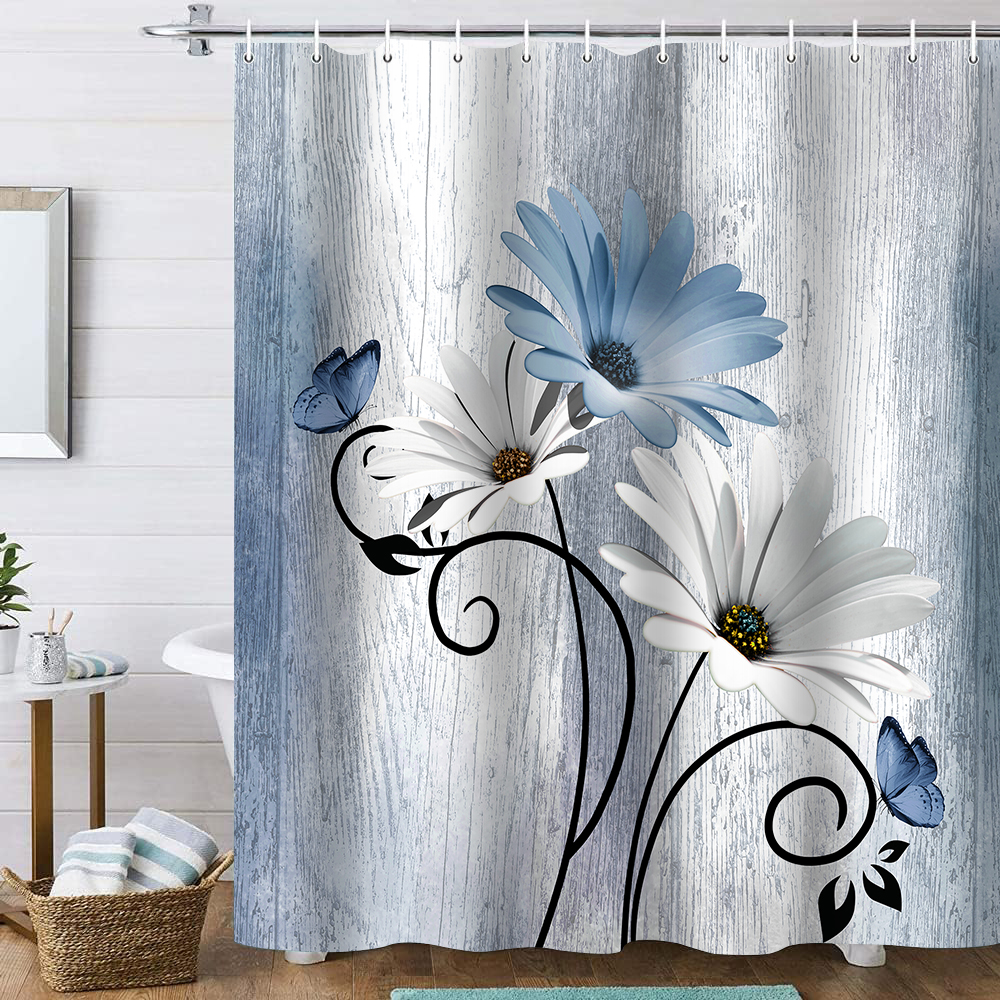 Hadint 4Pcs Blue Daisy Floral and Butterfly Shower Curtain Set, Shower Curtain and Rug Set, 12 Pcs Hooks, 71inx71in