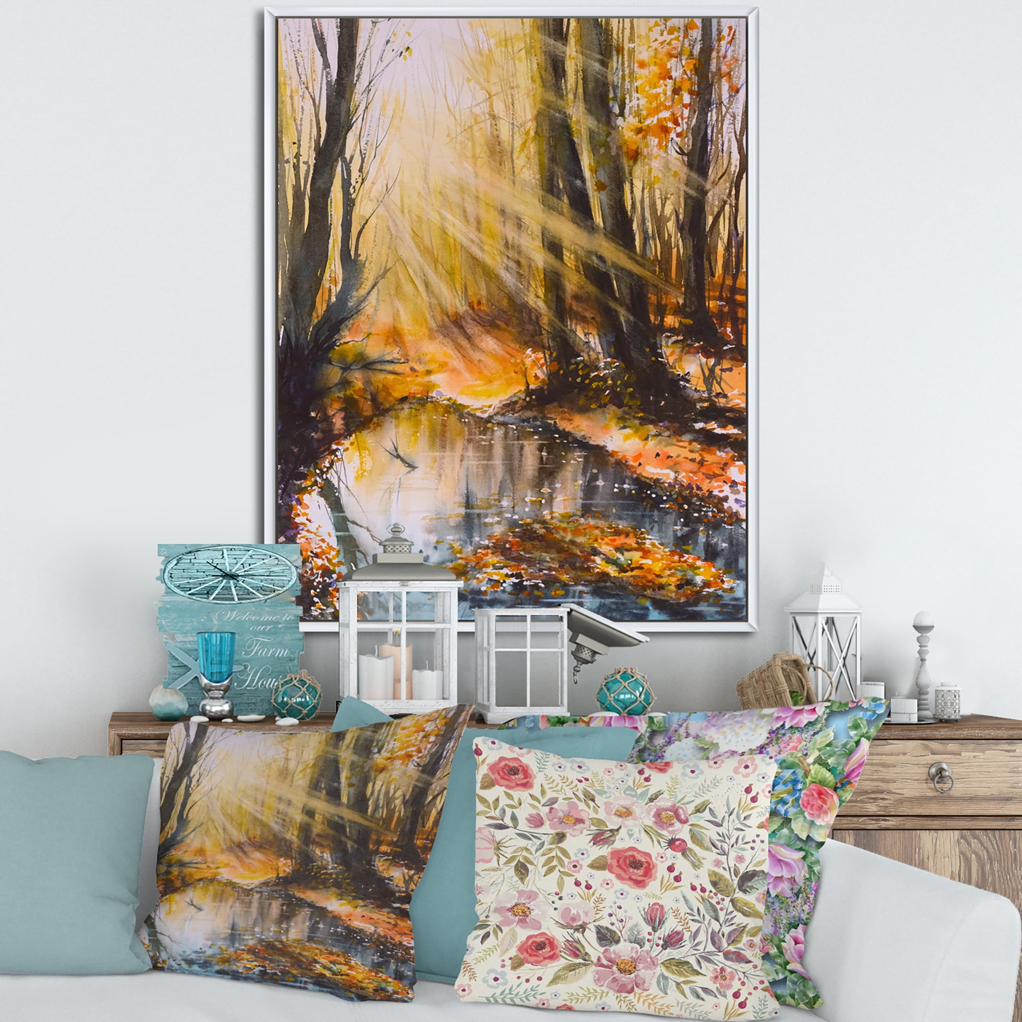 Designart 'Bright Sunshine Through The Brown Forest Trees' Lake House Framed Canvas Wall Art Print