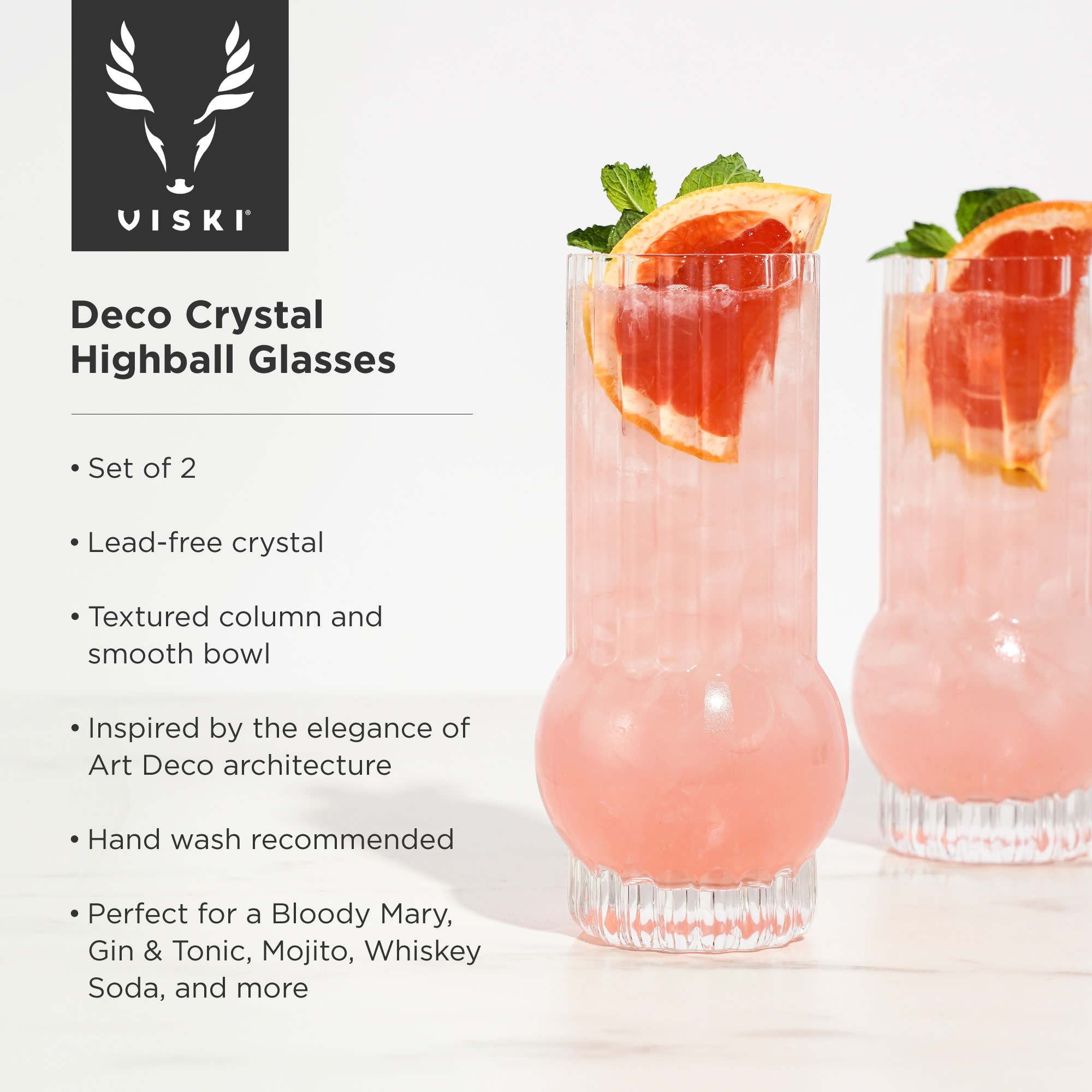 Viski Deco Crystal Highball Cocktail Glasses - Set of 2 - 13 oz