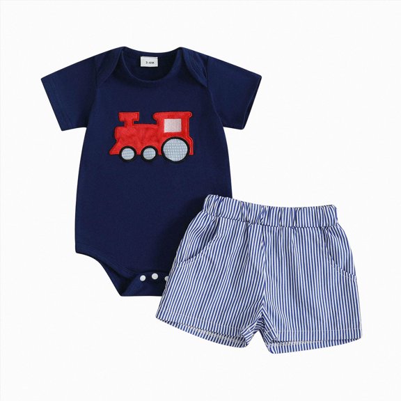 mgoYE Toddler Baby Boy Summer Clothes Train Engine Embroidery Short Sleeve Romper Plaid Shorts Set 3 6 12 18 Months Summer Outfit Size 3-6 Months