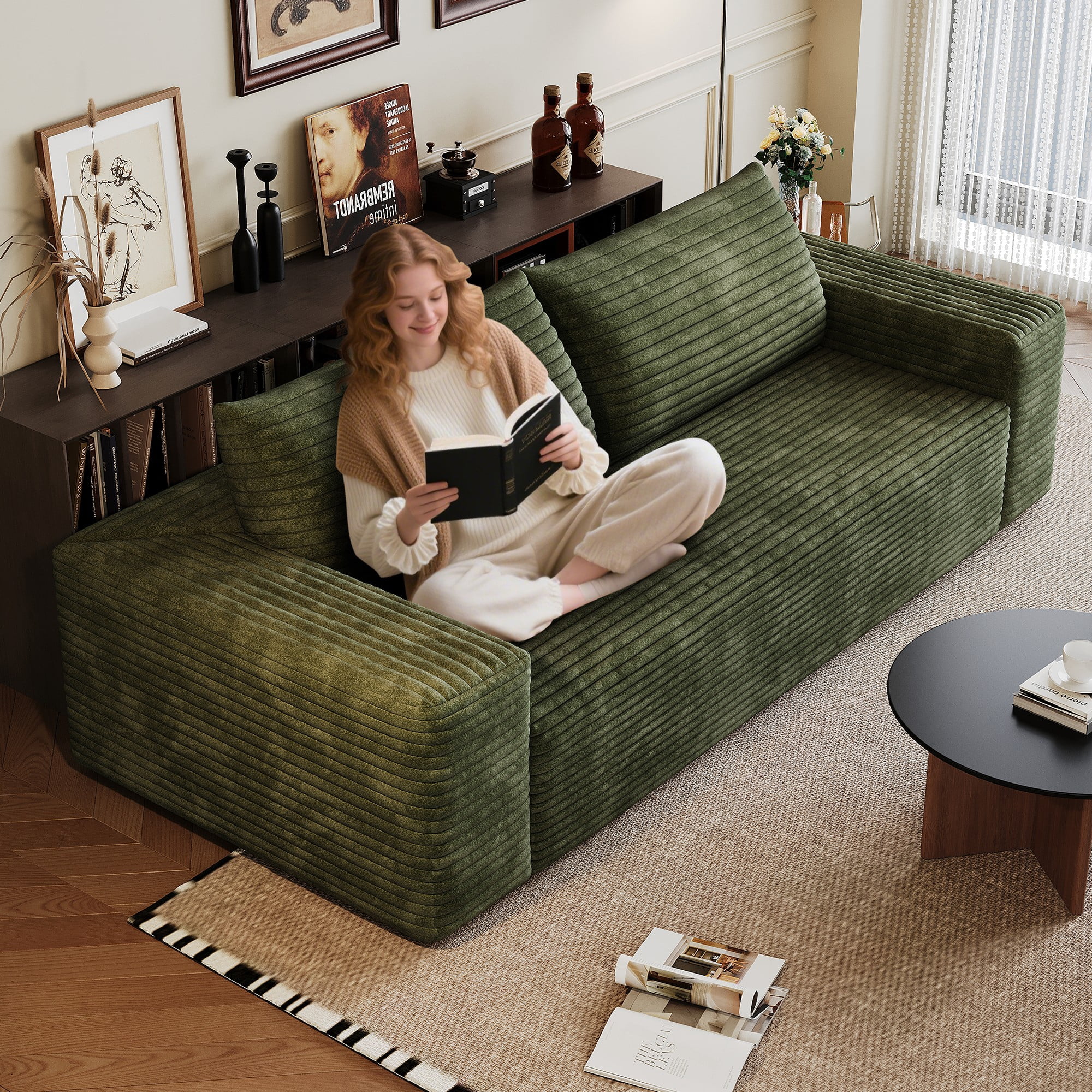 Aukfa 3-Seater Corduroy Sofa, Deep Seat Cloud Couch, No Assembly Frameless Loveseat for Living Room, Bedroom, Apartment, Green