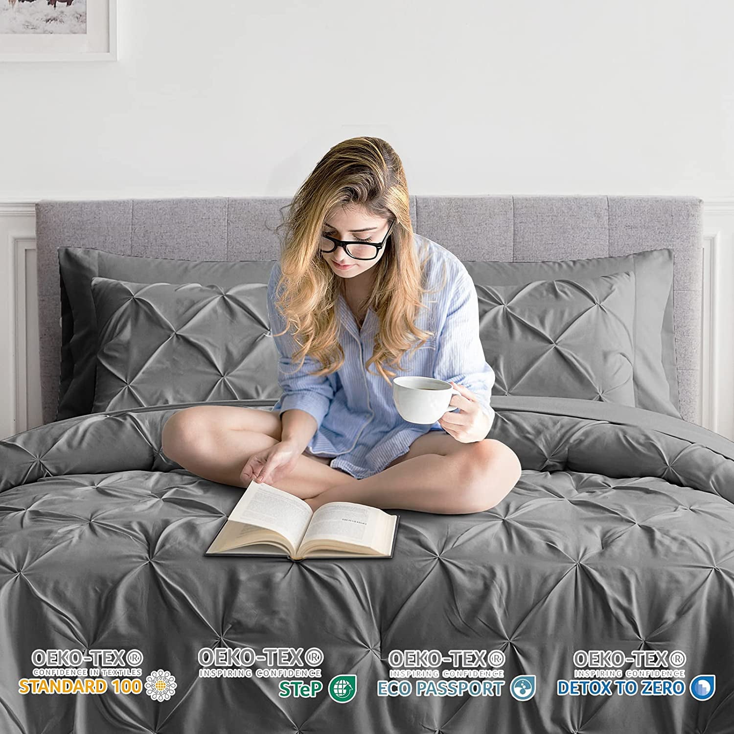 GFDYREE Twin Comforter Set 7 Pieces Pinch Pleat Bed in A Bag Dark Grey Comforter Twin Sets Pintuck with Comforter Sheets Pillowcases Shams Dark Grey Bedding Comforter Sets for Twin Size B