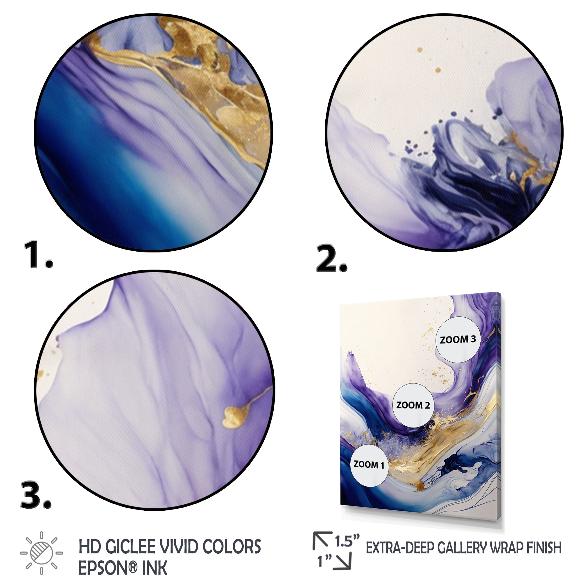 Designart Blue, Gold And Purple Splash Paint I Canvas Wall Art