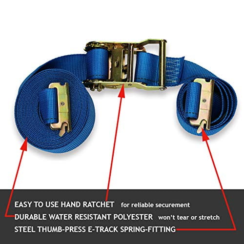 Two 2" x 20' E Track Tie-Down Ratchet Straps | Heavy Duty Ratcheting Cargo Strap TieDowns w/ETrack Spring Fittings & Ratchets, Polyester Webbing | Secure Motorcycles, Pickup, Truck, Trailer Loads