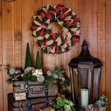 Natural Red And Green Tan Farmhouse Christmas Decor Burlap Wreath