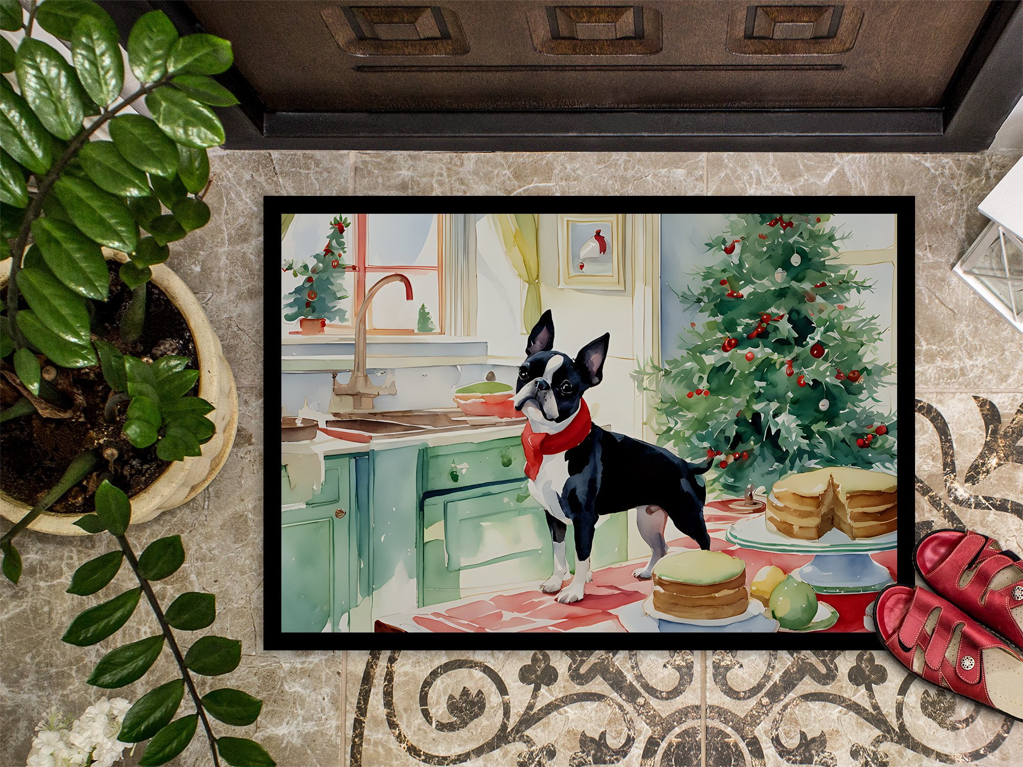 Carolines Treasures DAC3745MAT 18 x 27 in. Unisex Boston Terrier Christmas Cookies Doormat
