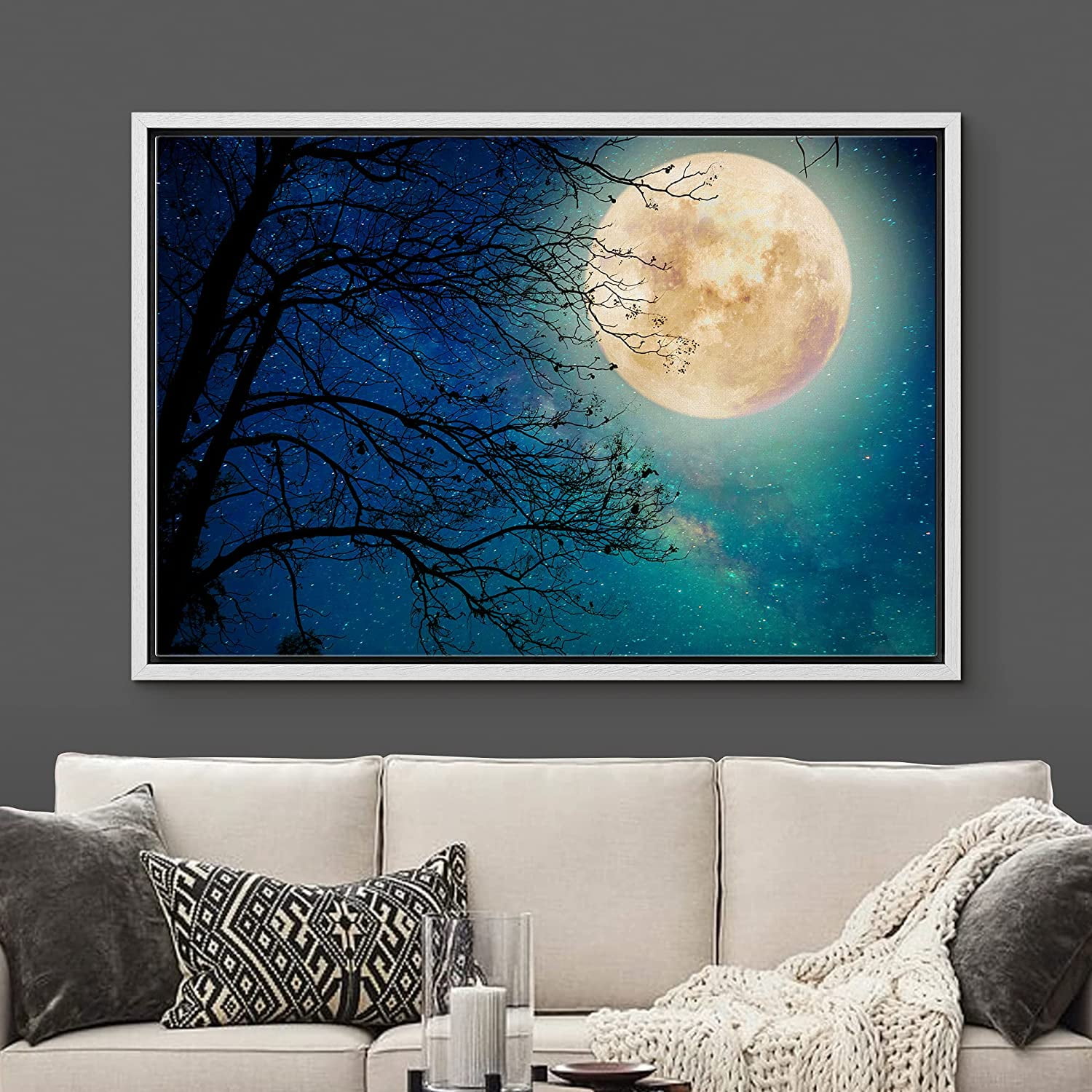 Wall26 Framed Canvas Print Wall Art Harvest Moon in Teal Sky with Trees Nature Wilderness