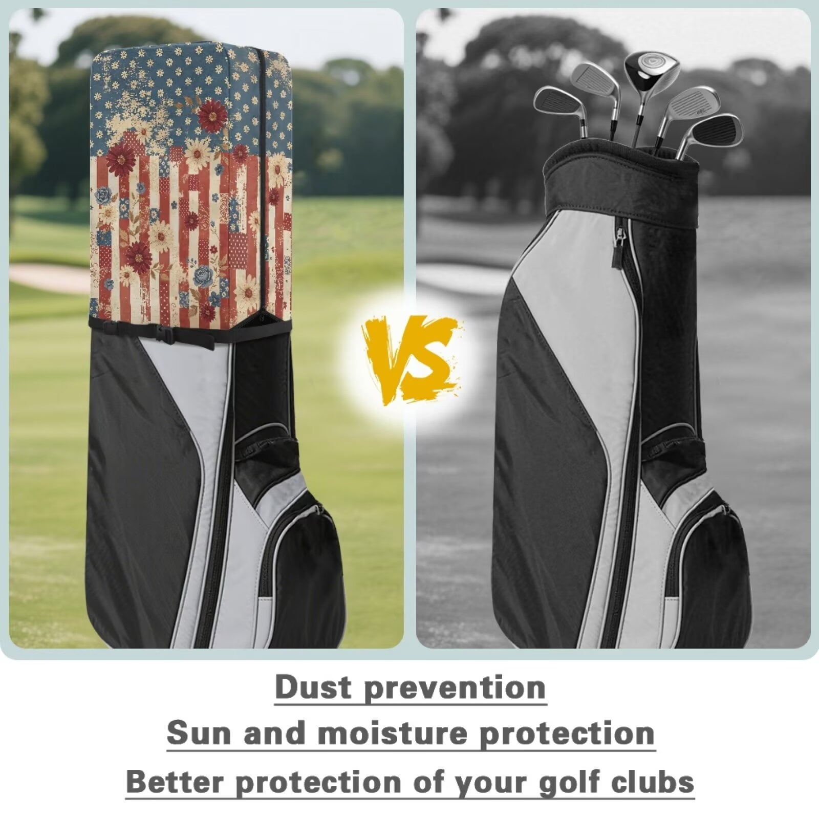 Chririnla American Flag Golf Bag Cover Rain Hood Universal Fit Dustproof Daisy Golf Club Bags Rain Cover Waterproof Foldable Easy Storage 1260D Polyester Fits Golf Staff & Cart Bags