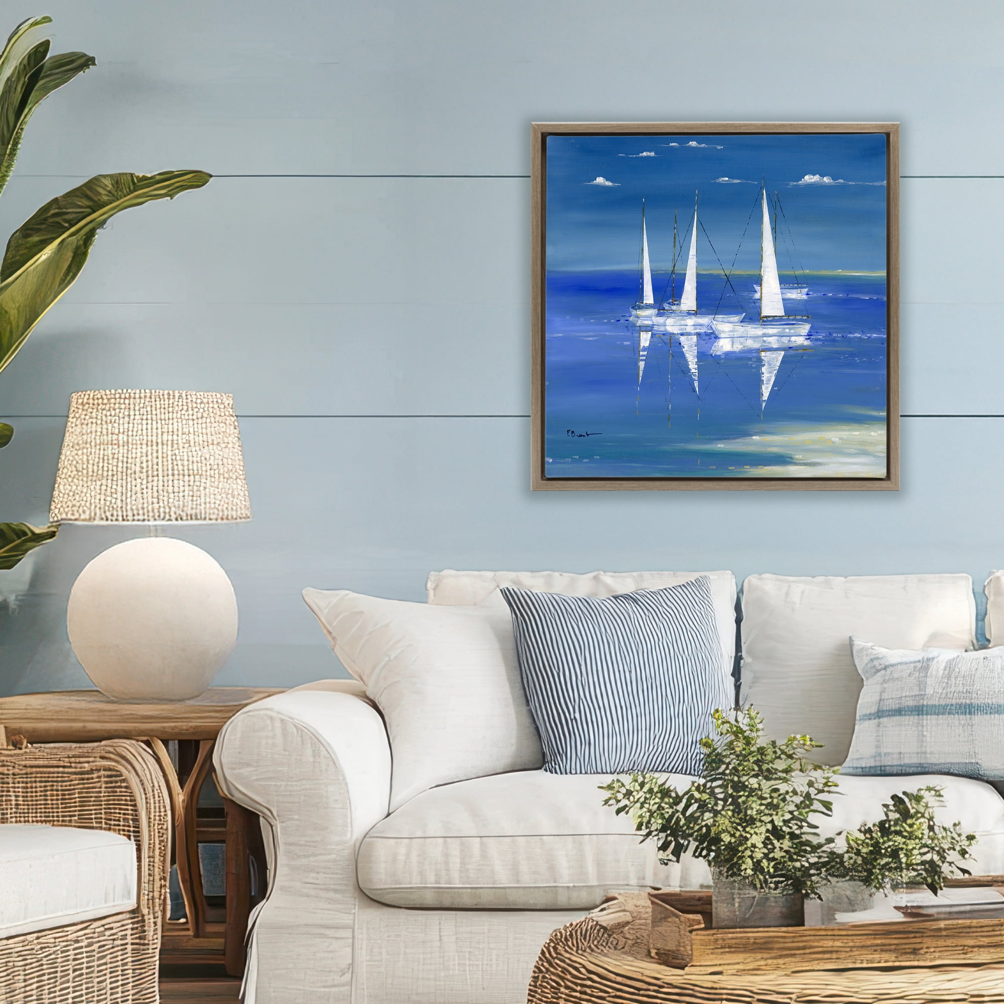 Stupell Industries Serenity Sailboats Reflected on Water Brown Framed Floater Canvas Wall Art, design by Paul Brent
