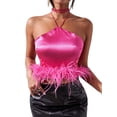 thumbnail image 1 of Sunloudy Chaleco de mujer, sin mangas, con cordones, cuello halter, espalda descubierta, plumas, patchwork, tops de verano para fiesta de club Sunloudy  moda, 1 of 7