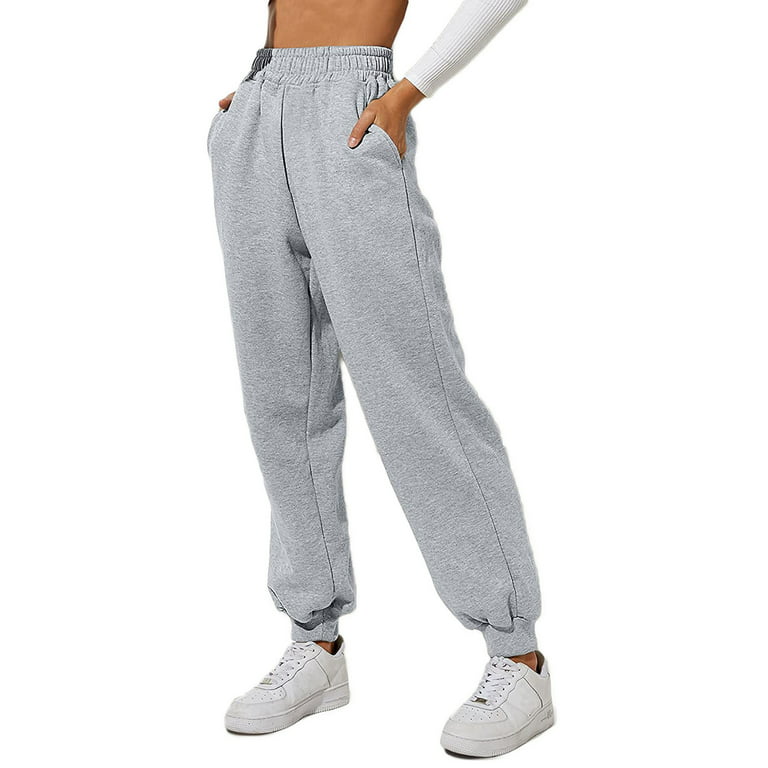 Diconna Women Young Girl Sports Style Beam Feet Pants Elastic High Waist  Solid Color Casual Sweatpants Grey XL