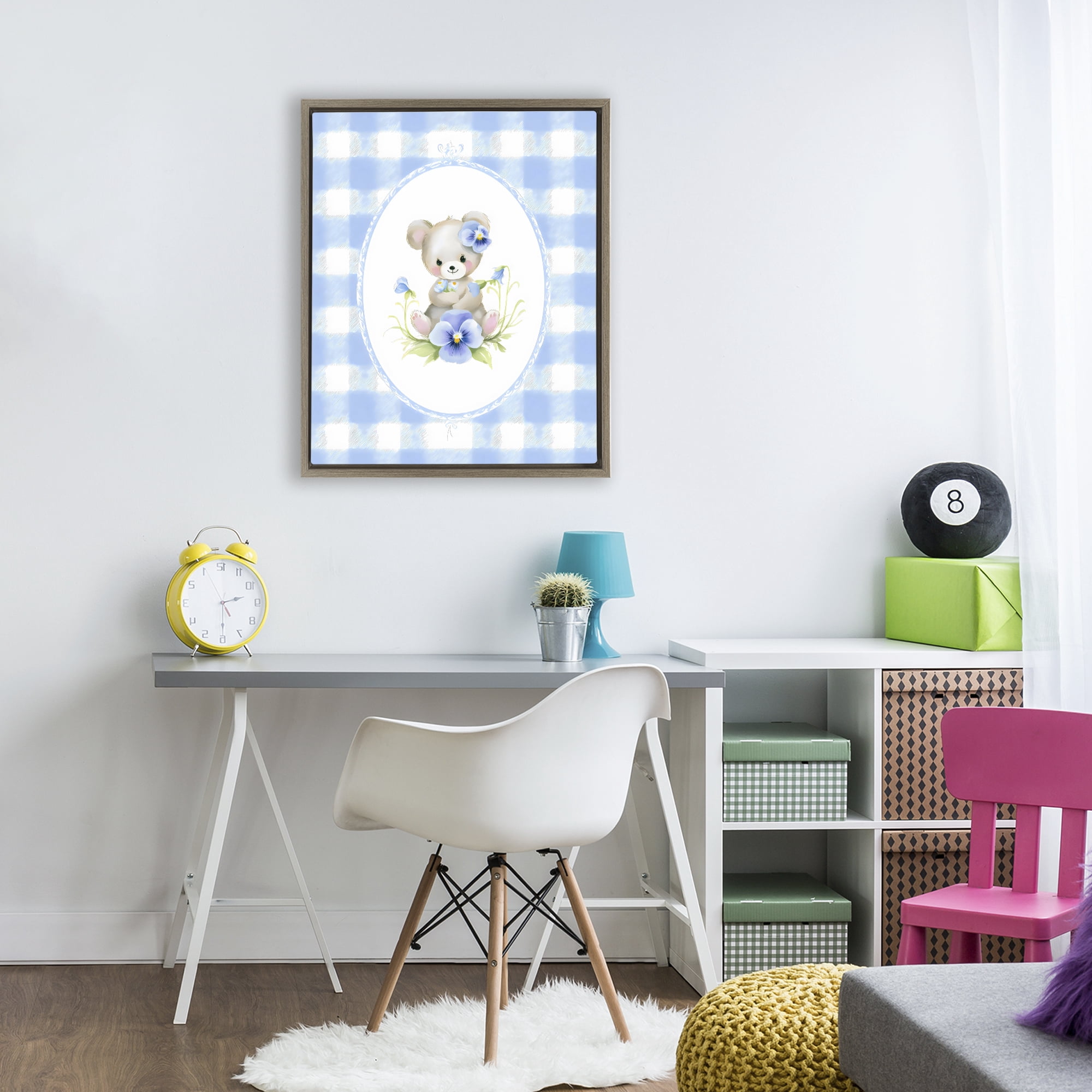 Stupell Industries Little Bear Blue Gingham Brown Framed Floater Canvas Wall Art, design by Arlington Prints
