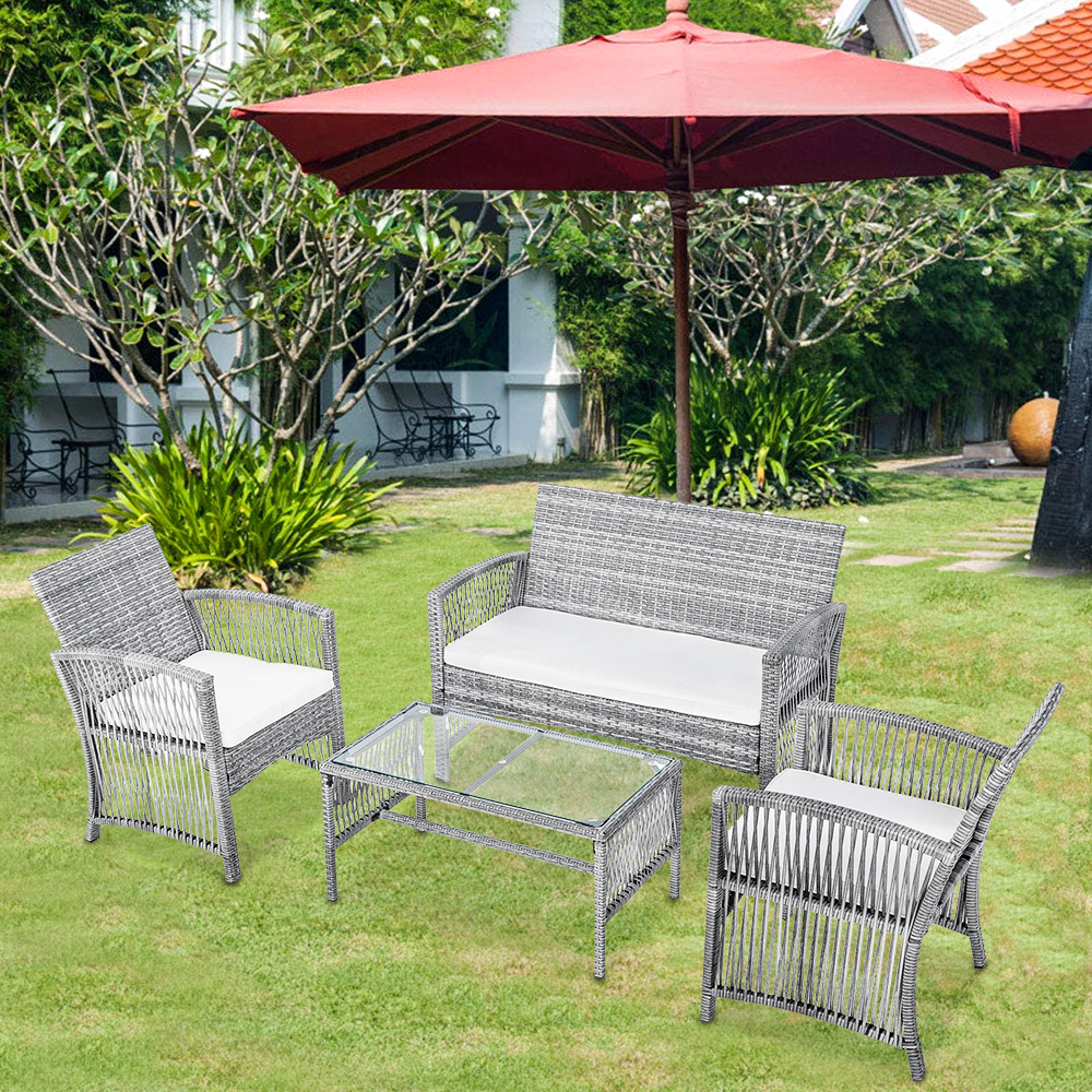 4-Piece Patio Furniture Sets, Outdoor Wicker Furniture with Two Single Sofa, One Loveseat, Tempered Glass Table, Outdoor Garden Cushioned Seat PE Rattan Sofa Set, Bistro Table Set for Poolside, Q8596 - image 3 of 12